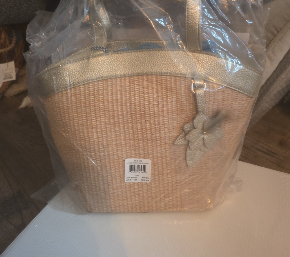 Draper James Natural Straw Tote with Gold Trim and Floral Charm